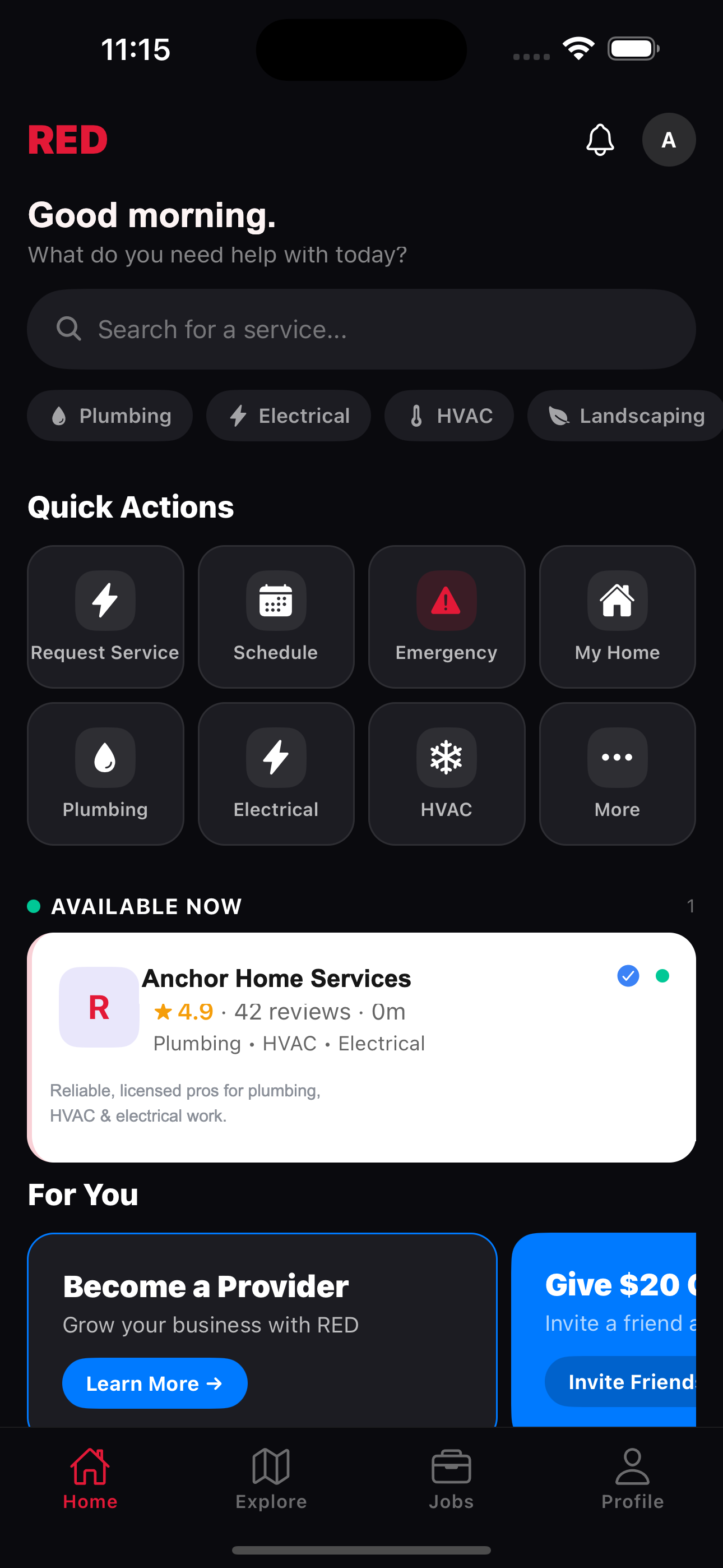 RED app home screen — browse service categories