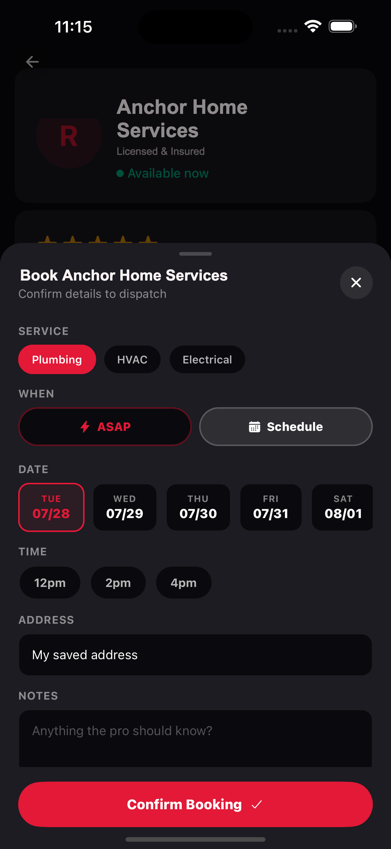 RED app booking screen — upfront price before you confirm