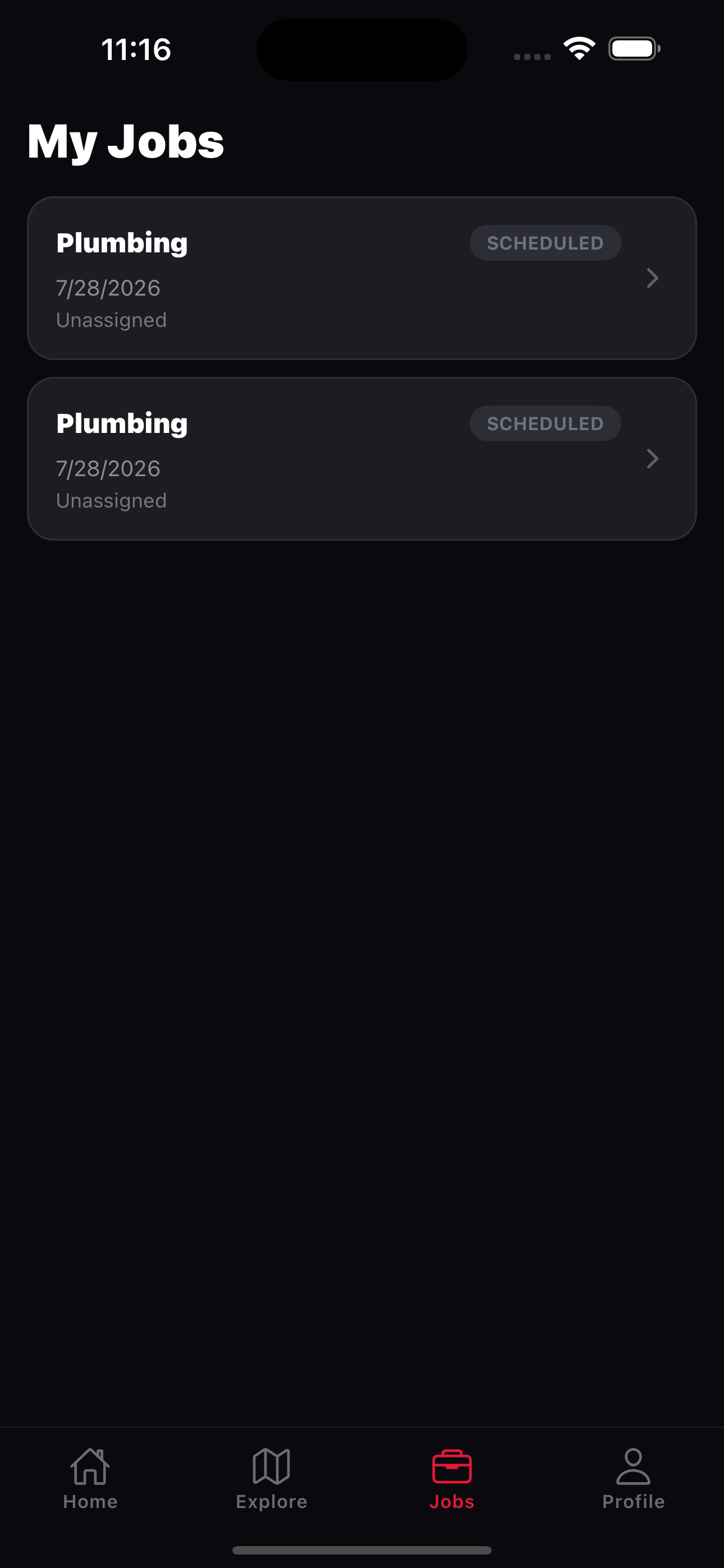 RED app jobs screen — live status and tracking