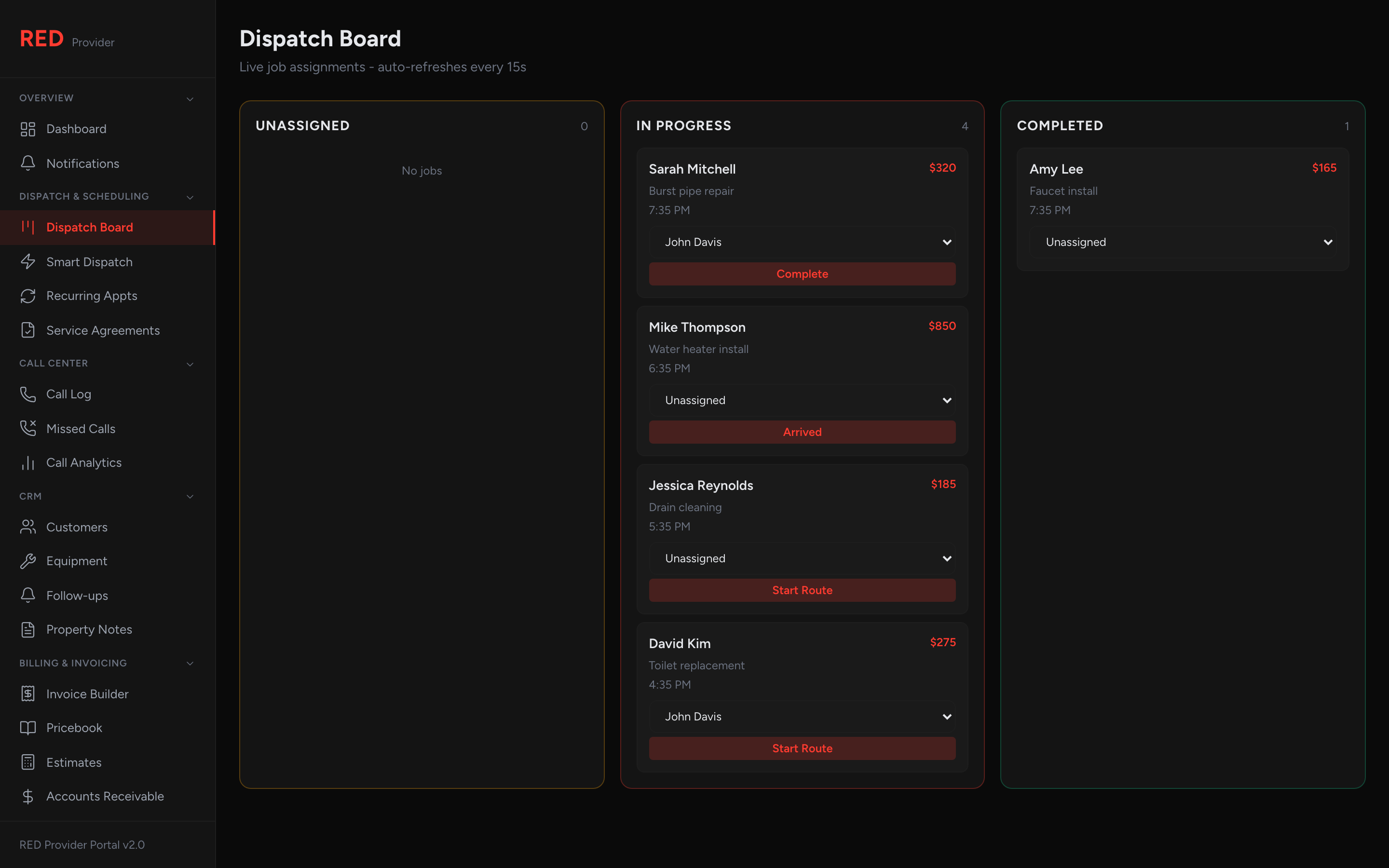 Dispatch board with unassigned, in-progress, and completed columns